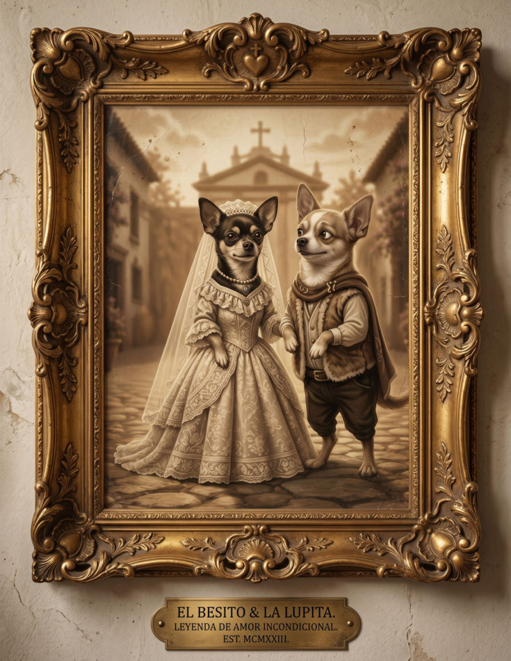 Framed illustration of El Besito and La Lupita